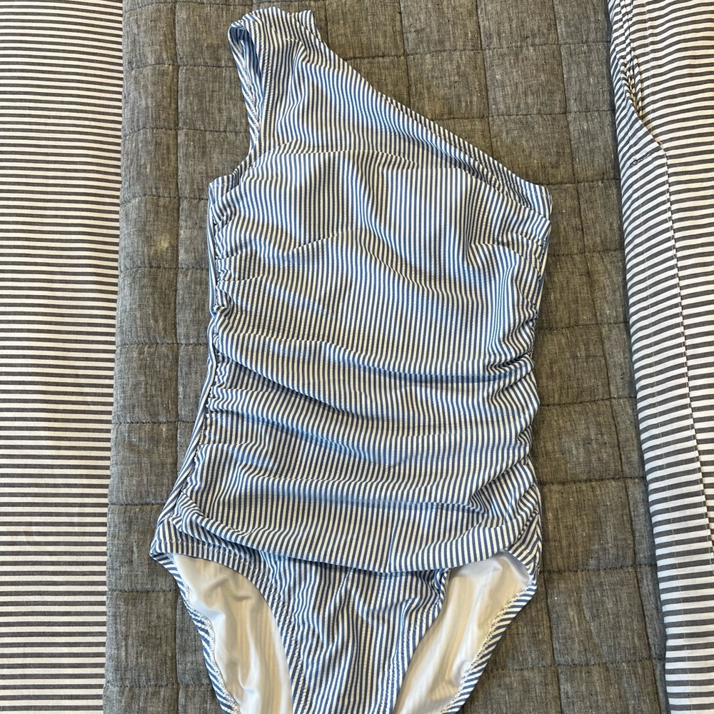 J. CREW Womens Ruched One-Shoulder One-Piece Swimsuit Pinstripe